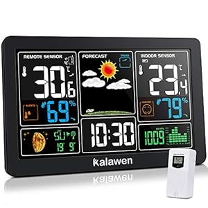Kalawen Weerstation met 3 buitensensoren, binnen en buiten, multifunctioneel draadloos weerstation, kleurendisplay, digitaal met thermometer, hygrometer, DCF-radioklok, weerstation voor thuis,