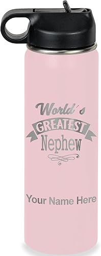 Miniatura 72 de LaserGram Botella de agua con tapa abatible de doble pared de 20 onzas con popote, sobrino más grande del mundo, grabado personalizado incluido