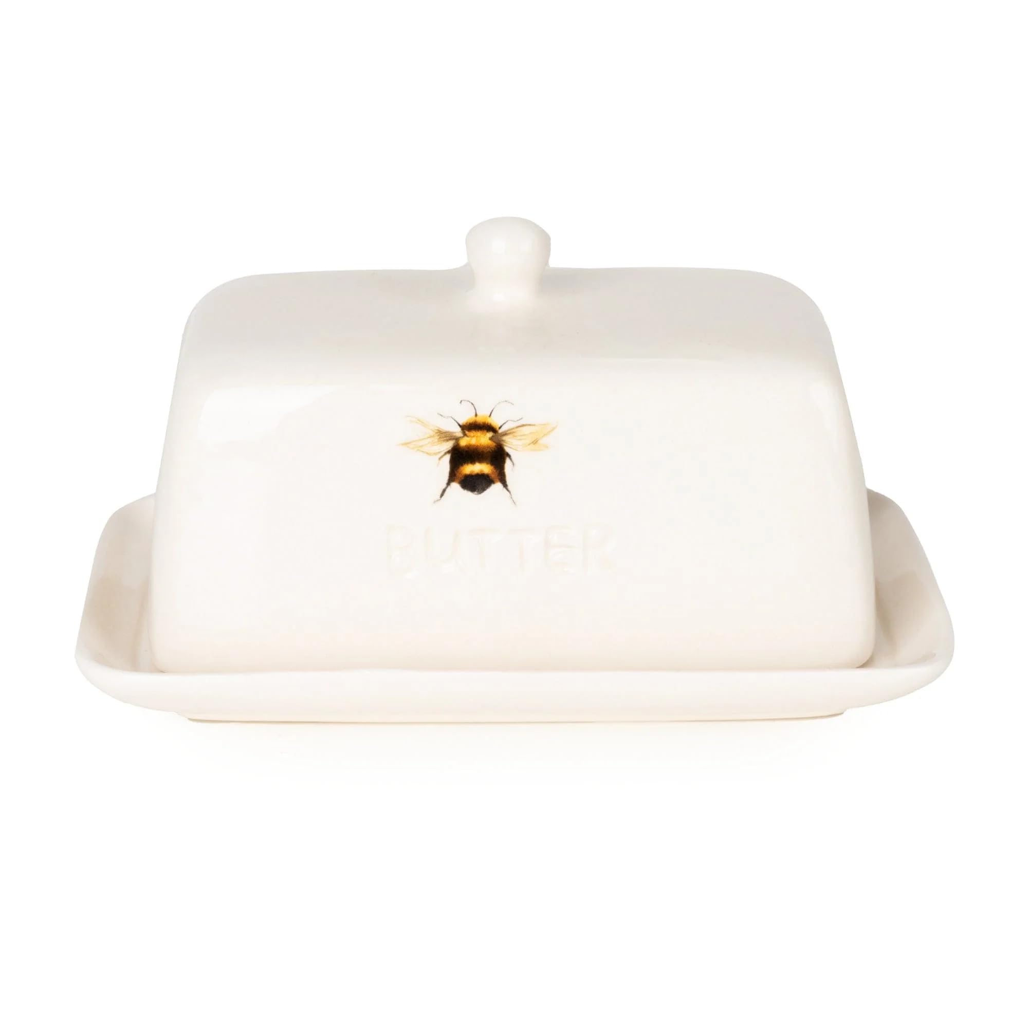 Home Deco London Ceramic Butter Dish with Bumblebee Design, White, 17.5 cm