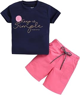 Toonyport Boys Toonyport Cotton Knit Half Sleeves Boys Clothing Set, Navy Blue T-Shirt with Pink Shorts Price In India