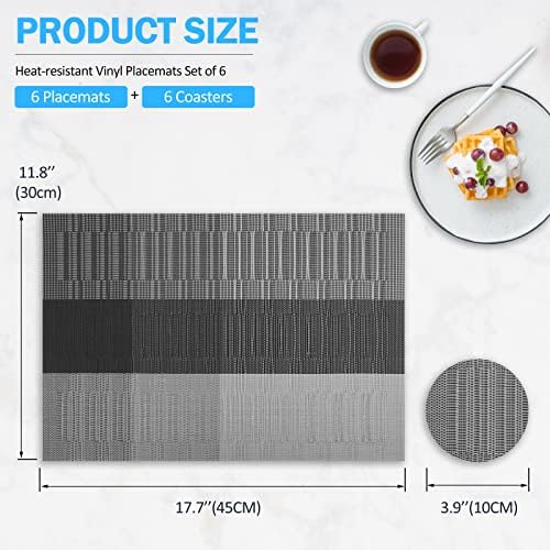 HEYOMART Placemats and Coasters Sets of 6, PVC Vinyl Table Mats Non-Slip Heat Resistant Washable Dinner Mats Place Mats for Kitchen Dining Table Home Restaurant, Grey & Black