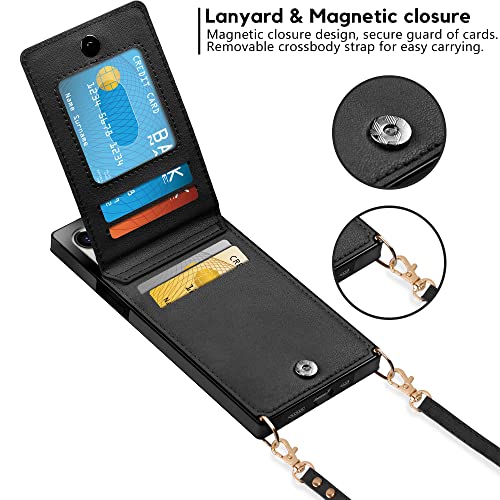 Vofolen For Iphone 14 Case Wallet Card Holder Leather Pu Flip Cover Folio Lanyard Crossbody Strap Women Girl Magnetic Clasp Kickstand Square Heavy Duty Protective Bumper Armor Cover 6.1" Black #TOP2