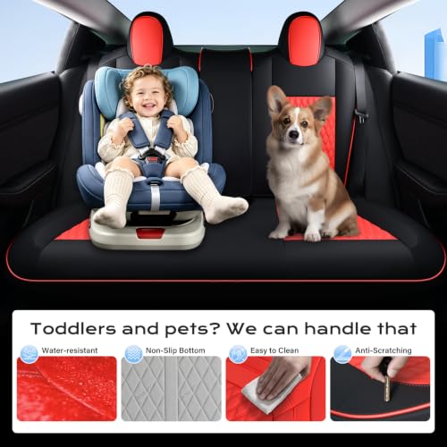 Image of Coverado Car Seat Covers for 2017-2023 Tesla Model 3, Car Seat Covers Full Set 5 Seater, Leatherette Car Seat Covers Front Seats and Back Custom for Tesla Model 3 BlackRed