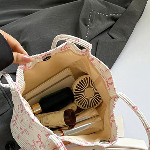 Bow Purse Corduroy Bow Tote Bag Cute Shoulder Bag with Bowknot Heart Printed Handbag Trendy Gift for Women3