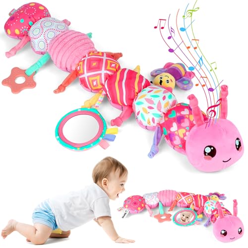 Image of Baby Girls Toys 6-12 Months - Infant 6-in-1 Sensory Music Animal Stuffed Caterpillar Toy with Rattle & Mirror Crinkle for Tummy Time, Newborn 0 3 6 9 12 18 Shower Gifts Soothing Companion Toys, Pink