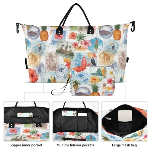 Burbuja Travel Duffel Bag for Women, Tropical Patchwork Stamp Weekender Overnight Bag Shoulder Carry On Tote with Trolley Sleeve, Gym & Toiletry, Large Size2