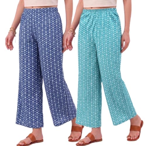 Image of Set of Combo Trouser and Pants for Girls and Women's Relaxed Fit Stretchable Regular Fit Palazzos Lightweight Elastic Waistband Bottoms for Daliy Office & Casual Wear