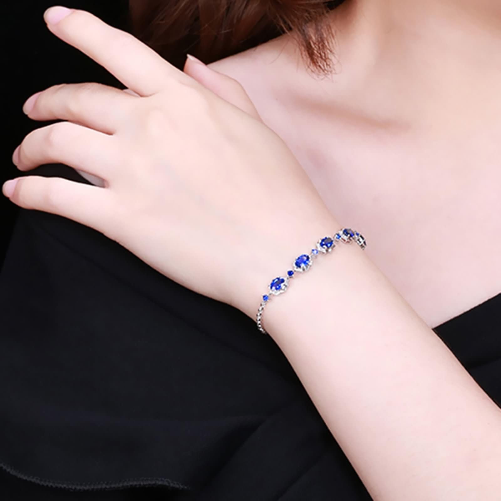 Pulseras Mujer de Oro Blanco 9K / 14K / 18K, Oval con Zafiro Creado de 2,9 ct y Moissanita, Cadena Extensible 16 CM + 5 CM, Pulseras de Plata Azul para Ajustable Mujer