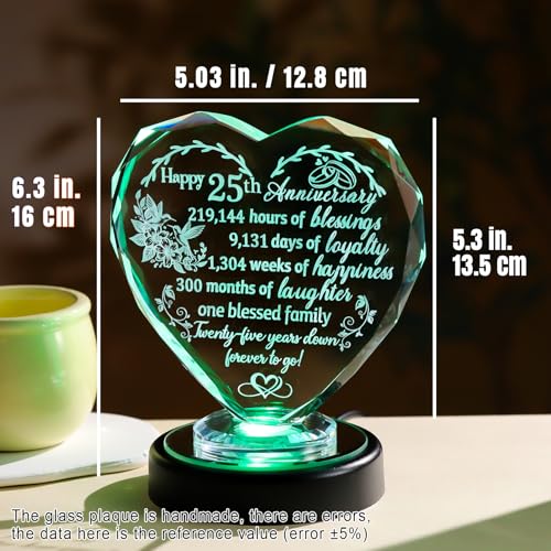 Arikyrist Happy 25th Wedding Anniversary Love Gifts for Her 25th Heart Anniversary Glass Keepsake Collectible with LED Base 25 Years Anniversary Presents for Women Wife Couples - Image 3