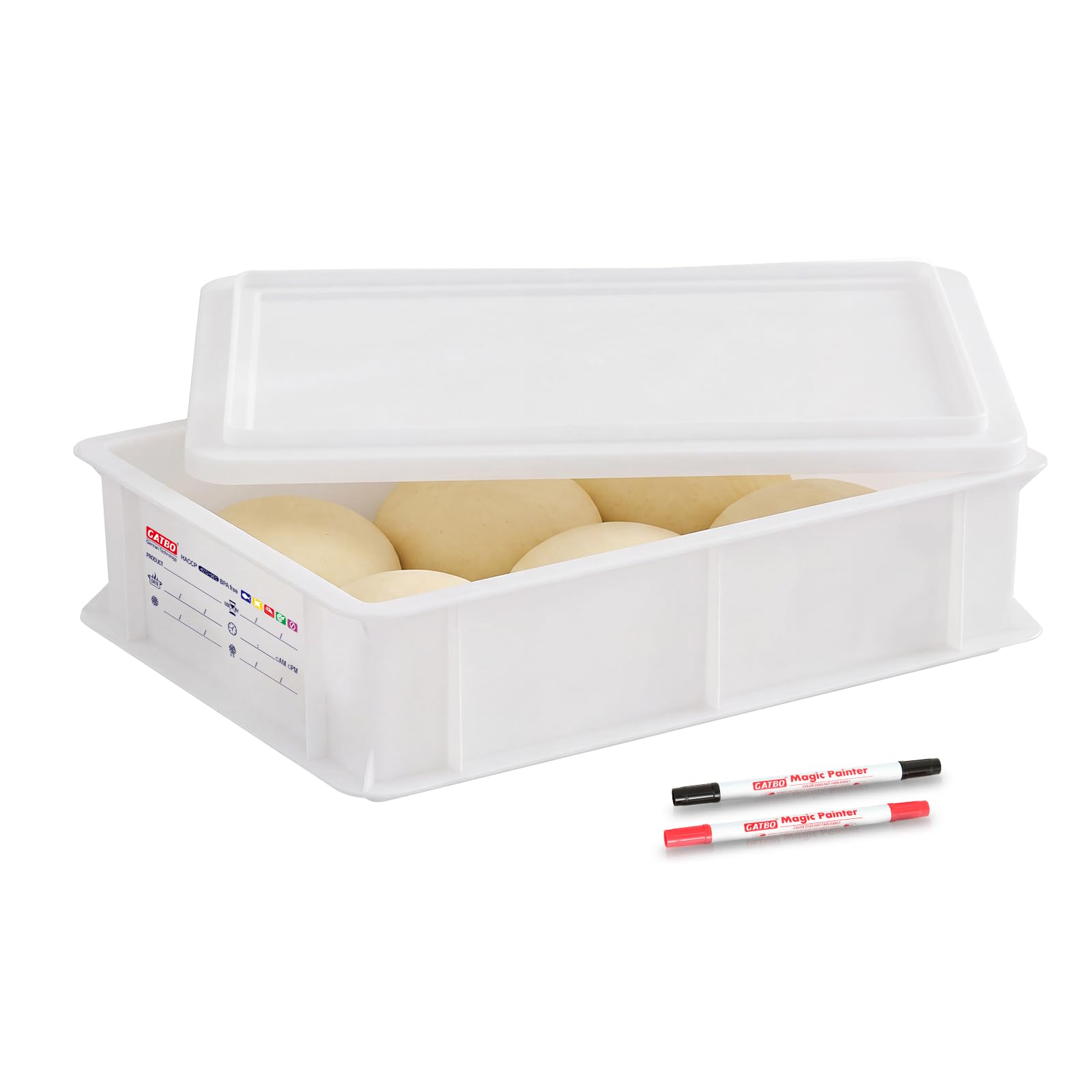 GATBO 1-Pack Pizza Dough Proofing Box with Lid, 12L Stackable Commercial-Grade Trays with 2 Wipeable Markers for Home Bakers & Light Commercial Use, 1 Lids Included (40cm x 30cm x 10cm)