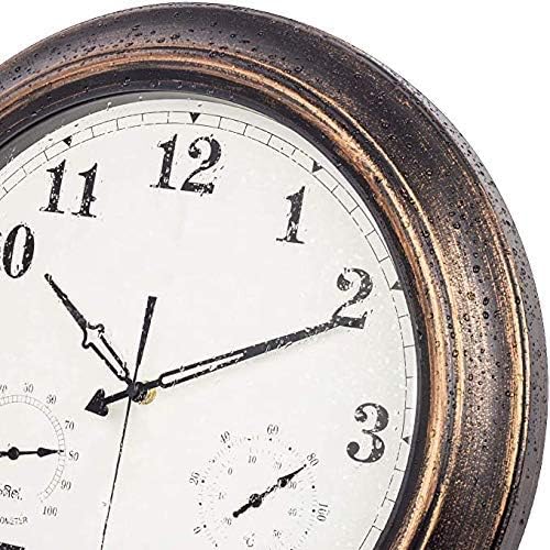 Outdoor Garden Wall Clock, 18 Inch Large Retro Garden Clock with Thermometer and Hygrometer Waterproof Outdoor Clock Indoor Outdoor Decoration Outside Clock Mute Quartz Wall Clock