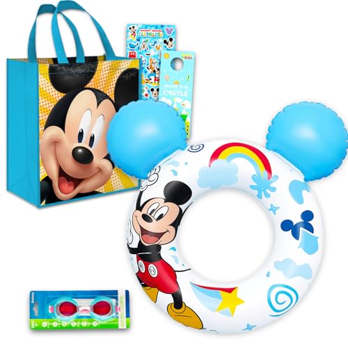 Mickey Mouse Pool Toys Set for Kids - Disney Gift Bundle with Inflatable Swim Ring Goggles Tote Bag Stickers and More | Mickey Beach Toys for Kids Boys
