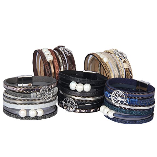 Multi Strand Bracelets For Women Boho Wrap Bracelet Baroque Pearl Boho Bangle Braided Leather Wristbands Womens Wrap Bracelets Tree Of Life Leather Bracelets For Teen Girls,Wife Birthday Gift #TOP2