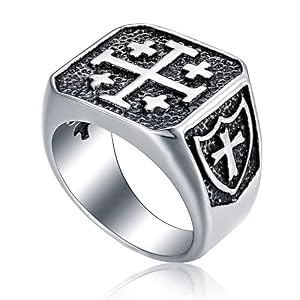 Jerusalem Cross Rings for Men,Mens Stainless Steel Christian Signet Ring,Vintage Silver Catholic Templar Ring in Size 7-15