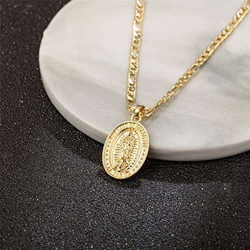 kelistom 14K Gold Plated Virgin Mary Guadalupe Pendant Necklace for Women Men 3mm Flat Figaro Chain Necklace 18/22 inches3