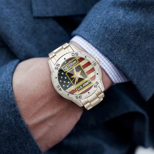 Special Design Military Us Army Veteran And American Flag Custom Men's Stainless Steel Analog Watch Sliver Metal Case, Tempered Glass #TOP2