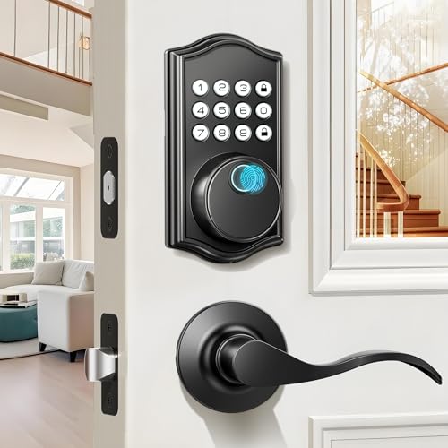 Keyless Entry Door Lock Deadbolt with Handle Set,Fingerprint Smart Locks