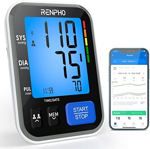Bluetooth Blood Pressure Machine, RENPHO Wireless Smart BP Monitor Large Cuff with Large Display, 2-Users Unlimited Memories App for iOS Android, Gifts for Women Men
