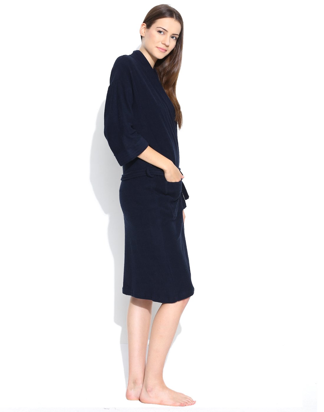 SAND DUNE Men's and Women's Terry Cotton Full Sleeve Knee Length with Pocket and Waist Belt Plain Bathrobe Gown (Navy Blue, Large) 1