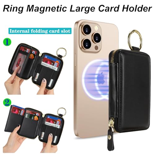 Image of Compatible with MagSafe Wallet,Magnetic Phone Wallet Card Holder for iPhone 17 /16 Pro Max /15 plus /14 Pro /13 /12 Series,PU Leather Zipper Pocket Adjustable Stand-Black