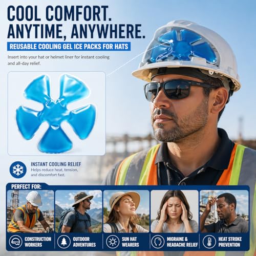 Image of Reusable Cooling Gel Ice Packs for Hats, Adjustable Cold Therapy Headband Inserts for Hard Hats, Sun Hats, 4-Hour Relief for Construction Workers, Migraines, Heat Stroke Prevention, 4 Pack