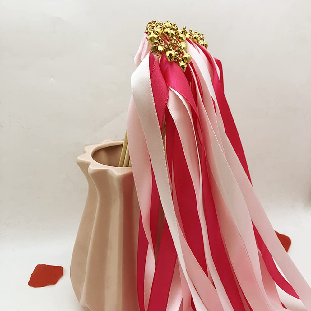 Zauberstäbe mit Band Glocken,50 Stück Luftschlangen Seide Fee Stick,Wedding Twirling Streamers Ribbon Wedding Wands Stick für Hochzeit Partys Babypartys Geburtstag Urlaub Feiern Weihnachten,Rose