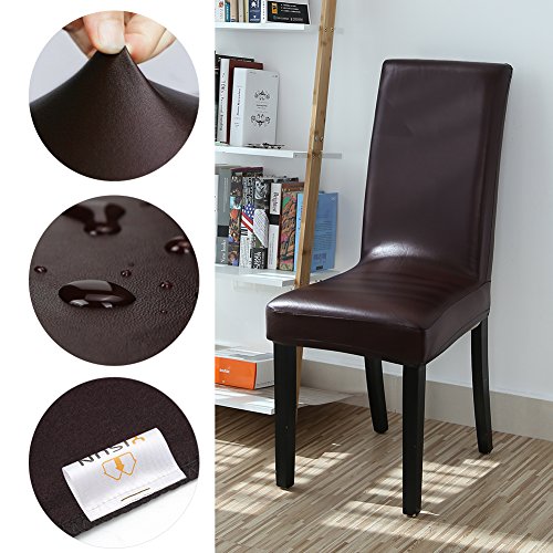 Yisun Dining Chair Covers, Solid Pu Leather Waterproof And Oilproof Stretch Dining Chair Protector Cover Slipcover (Deep Coffee, 6 Pack) #TOP5