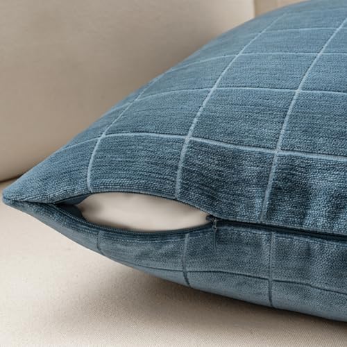 Image of MIULEE Blue Plaid Decorative Throw Pillow Covers 20x20 Set of 2 | Vintage Check Chenille Couch Pillows Neutral Boho Farmhouse Cushion Covers Modern Home Decor for Sofa Bed Living Room