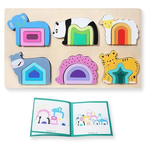 Montessori Wooden Stacking Puzzle Toys，Shape Sorter Toys with 6 Animals & Colors, Educational Preschool Learning Sorting Toy for Boys Girls