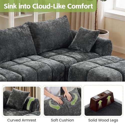Image of 112 inch L Shaped Modular Sectional Sofa, Grey Chenille Cloud Couch, Modern Upholstered 4 Seater Couch with Removable Ottoman, Tufted Deep Seat & Wood Legs, Sectional Couches for Living Room Apartment