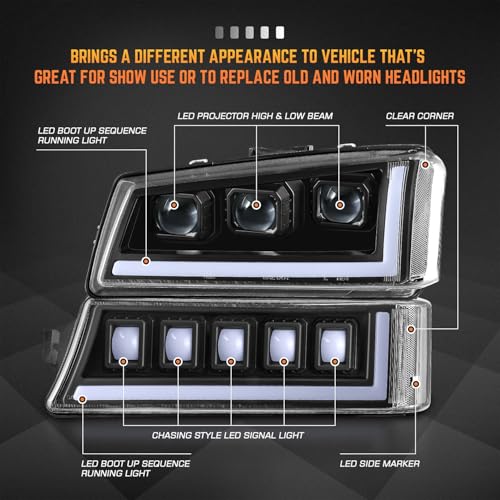 Image of DNA MOTORING Pair Full LED Projector Sequential Headlights Compatible with 03-06 Chevy Silverado 1500 2500 3500 1500HD 2500HD, Start-Up Sequential DRL, Black /Clear, HL-HP8-CSIL03-4P-BK-CL1