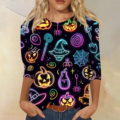 Halloween Shirts for Women 3/4 Sleeve Plus Size Crewneck Loose Fit Cute T Shirt Halloween Costumes for Women 2025