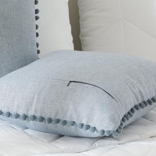 Image of 100% Cotton Pom Pom Cushion Without Filler, Elegant & Modern Cushion Cover for Living Room, Square Shape, 16 inchx16 inch, uni Chambray, Set of 4 - Denim Grey