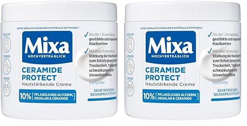 Mixa Hautstärkende Creme für sehr trockene und beanspruchte Haut, Feuchtigkeitsspendend, Pflege-Creme zum Schutz der Hautbarriere, Ceramide Protect, 400 ml (Packung mit 2)