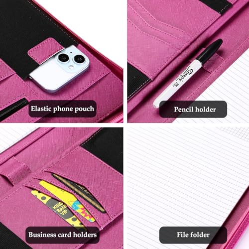 Image of ProCase Portfolio Business Padfolio Folder with Zipper -Magenta | Conference Meeting Executive File Legal Document Organizer with Pockets Letter Size A10 Writing Pad Notepad Padfolio