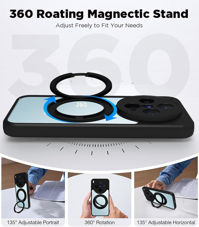 Image of RIGGEAR Shockproof Sleek Hybrid Armor 360 Rotating Magnetic Ring Stand Back Cover Case Compatible with MagSafe Accessories for Vivo X300 (Clear PC + Black TPU Bumper)