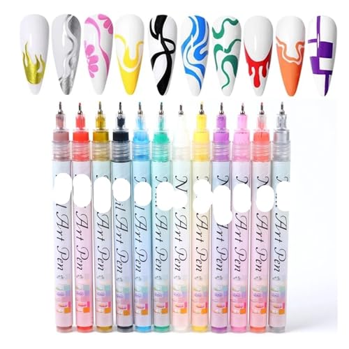 12個/セット ネイルアート グラフィティペン ネイルマーカー 抽象的な線を描く 細かい花柄デザイン 防水 ネイルペイント マニキュア