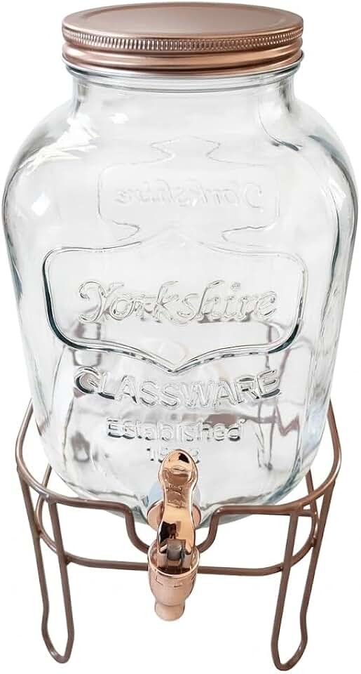 Suqueira de Cristal com Suporte, 5 Litros, Dispenser de Bebidas com Torneira Prateada e Tampa de Alumínio, Base Metálica AGUA SABORIZADA (Bronze)