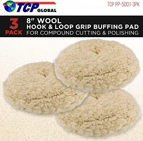 TCP Global -(Pack of 3) - 8" 100% Wool Hook & Loop Grip Buffing Pad for Compound Cutting & Polishing for Automotive, Marine and Epoxies