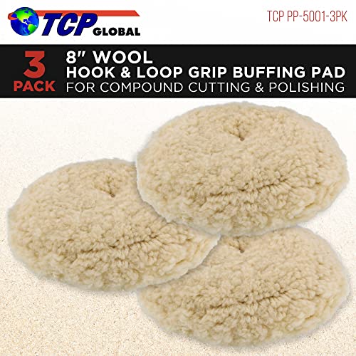 Tcp Global -(Pack Of 3) - 8" 100% Wool Hook & Loop Grip Buffing Pad For Compound Cutting & Polishing For Automotive, Marine And Epoxies #TOP1
