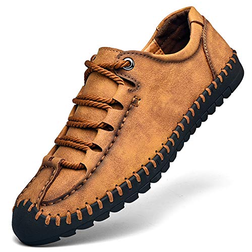 Qiucdzi Men's Casual Penny Loafers Breathable Lace-up Driving Boat Shoes Handmade Flats Dress Shoes