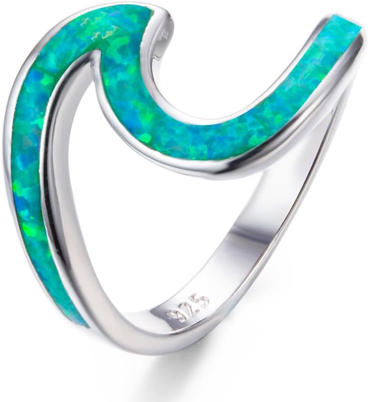 Bamos 925 Sterling Silver Wave Ring Ocean Beach Lab Created Green Opal. Silver Ring sizes 7