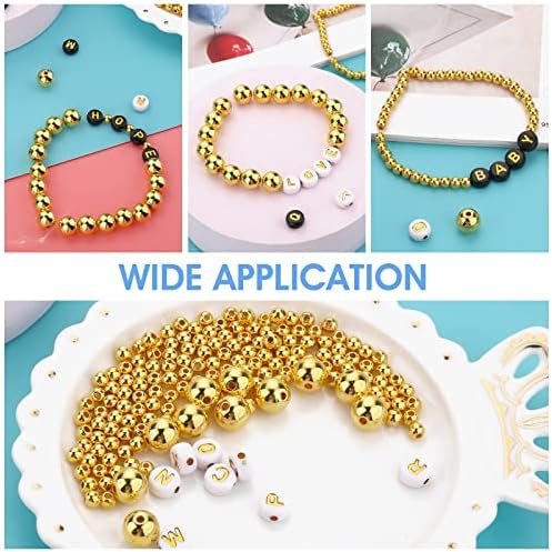 1100 Pcs Gold Spacer Beads Kit, Include 700 Pcs 3 Sizes Round Gold Spacer Loose Beads 400 Pcs Black White Alphabet Letter Beads Gold Bracelets Beads for DIY Craft Jewelry Bracelet Making