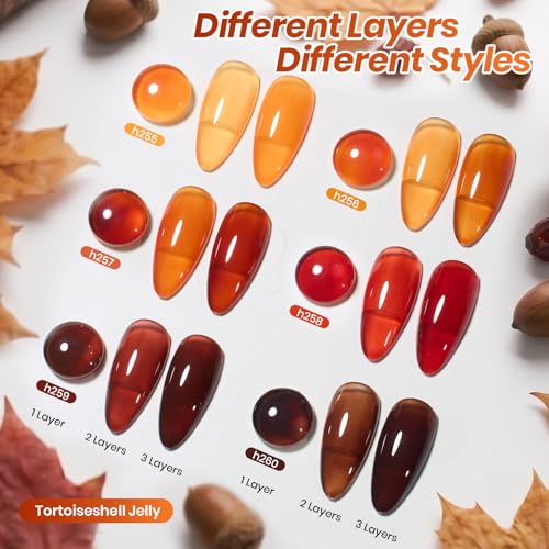 Image of Beetles Jelly Tortoise Nail Gel Polish Set| 6 Transparent Summer Colors Brown Amber Orange Caramel Dark Red Pumpkin Sheer Gel Nail Polish|Soak Off UV LED Nail Art DIY Salon at Home Tortoiseshell Jelly