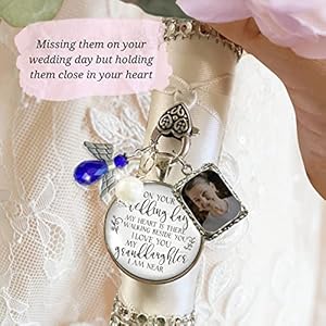 Bouquet photo charm wedding memory something blue angel i know youd be here if heaven honor love one silver finish handmade bridal jewelry white glass pendant 2 frames gift message box for bride  urban country home decor