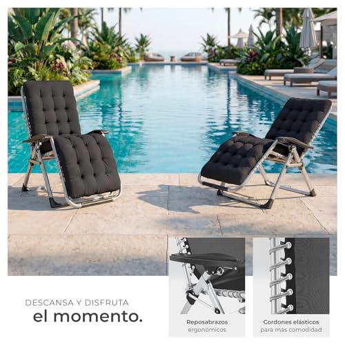 Miniatura 6 de Tectake Silla Tumbona Plegable Para Playa Y Jardín, Cojín Cabezal Extraíble, Estructura De Acero, Mesa Auxiliar, Ideal Para Camping Y Picnic, Silla Exterior Terraza - 1 Tumbona Negro