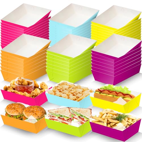 WorldBazaar Colorful Paper Food Trays 60 Pack Treat Snack Boats Disposable Serving Food Containers Kids School Activities Neon Glow Birthday Party Supplies Mexican Fiesta Party Decorations