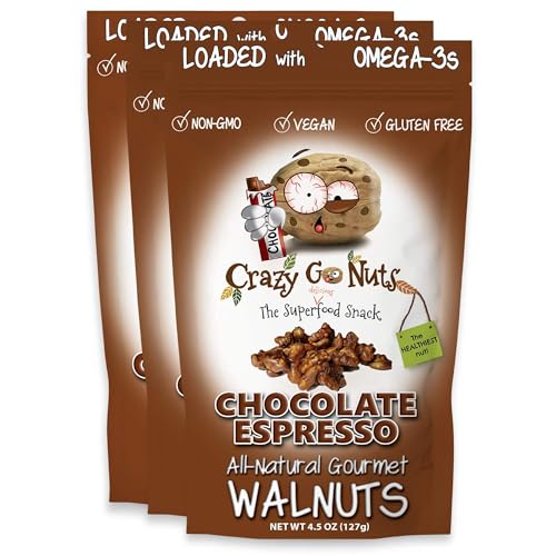 Crazy Go Nuts Walnuts Chocolate Espresso - Glazed Walnuts, Healthy Snacks, Vegan, Gluten Free, Superfood-Natural, Non-GMO, ALA, Omega 3 Fatty Acids, Good Fats, and Antioxidants - 4.5 Oz, 3-Pack