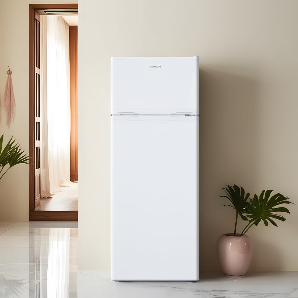 Hyundai Frigorífico Estandar Blanco, 2 Puertas HFG14355E01, Capacidad 206 Litros, Cíclica, Bajo Nivel Sonoro, Puerta Reversible, Clasificación Energética E