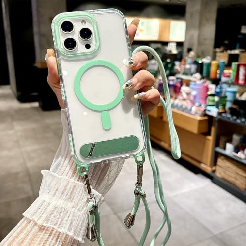 Coque transparente iPhone 15 et 16 anti-chute, étui à cordon bandoulière vert menthe